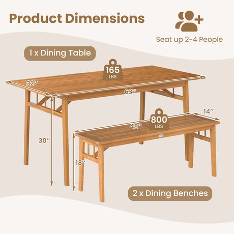 Juego de comedor de patio de 3 piezas, mesa de pícnic rectangular de madera de acacia para exteriores y 2 bancos