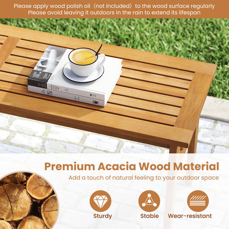 Juego de comedor de patio de 3 piezas, mesa de pícnic rectangular de madera de acacia para exteriores y 2 bancos