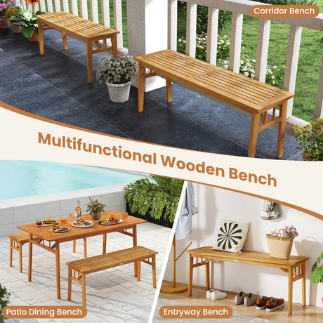 Juego de comedor de patio de 3 piezas, mesa de pícnic rectangular de madera de acacia para exteriores y 2 bancos