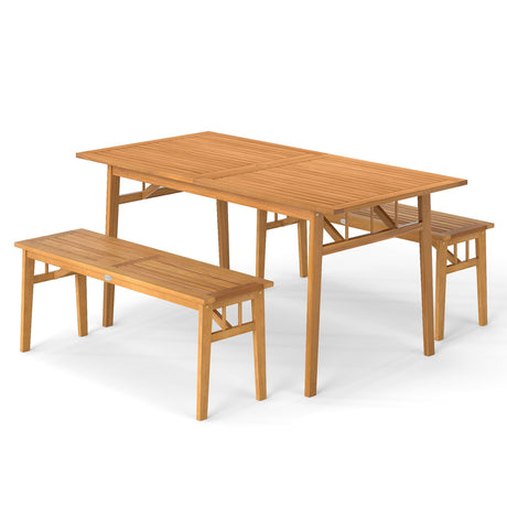 Juego de comedor de patio de 3 piezas, mesa de pícnic rectangular de madera de acacia para exteriores y 2 bancos