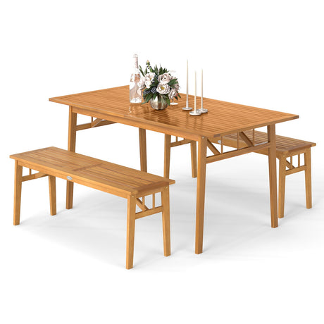 Juego de comedor de patio de 3 piezas, mesa de pícnic rectangular de madera de acacia para exteriores y 2 bancos
