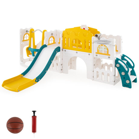 Set de columpios y tobogán 10 en 1 para niños pequeños, centro de juegos para escalar con aro de baloncesto