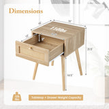 Set of 2 Modern Rattan Nightstand with Drawer and Solid Wood Legs for Bedroom and Living Room-Oak