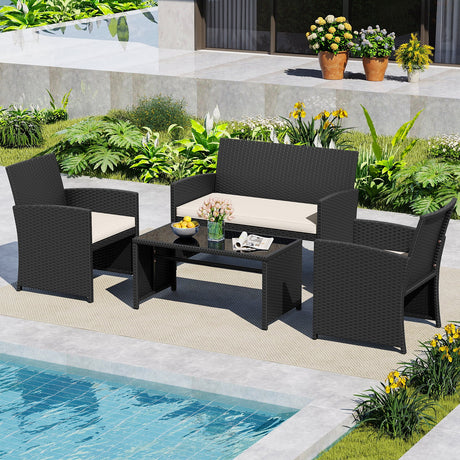 Juego de muebles de patio de 4 piezas con mesa de vidrio templado y cojines extraíbles