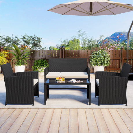 Juego de muebles de patio de 4 piezas con mesa de vidrio templado y cojines extraíbles