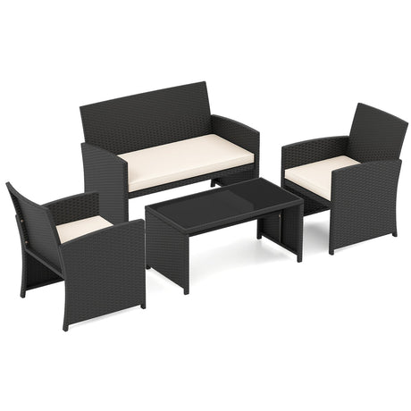 Juego de muebles de patio de 4 piezas con mesa de vidrio templado y cojines extraíbles