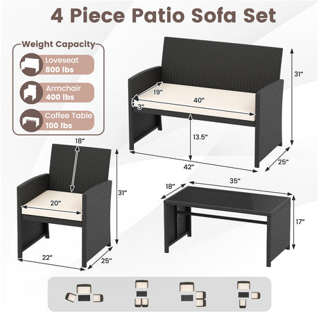 Juego de muebles de patio de 4 piezas con mesa de vidrio templado y cojines extraíbles