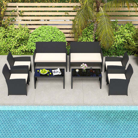 Juego de muebles de patio de 4 piezas con mesa de vidrio templado y cojines extraíbles