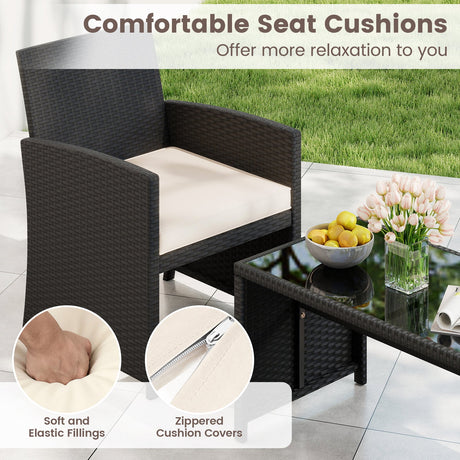 Juego de muebles de patio de 4 piezas con mesa de vidrio templado y cojines extraíbles