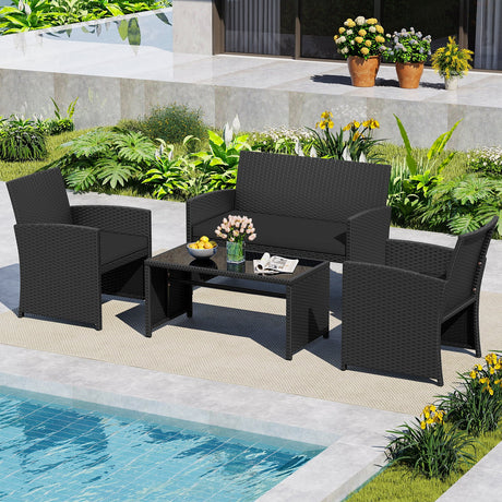 Juego de muebles de patio de 4 piezas con mesa de vidrio templado y cojines extraíbles