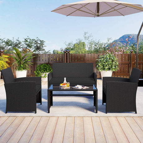 Juego de muebles de patio de 4 piezas con mesa de vidrio templado y cojines extraíbles