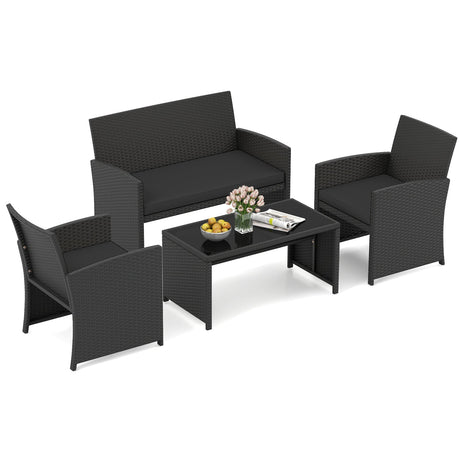 Juego de muebles de patio de 4 piezas con mesa de vidrio templado y cojines extraíbles