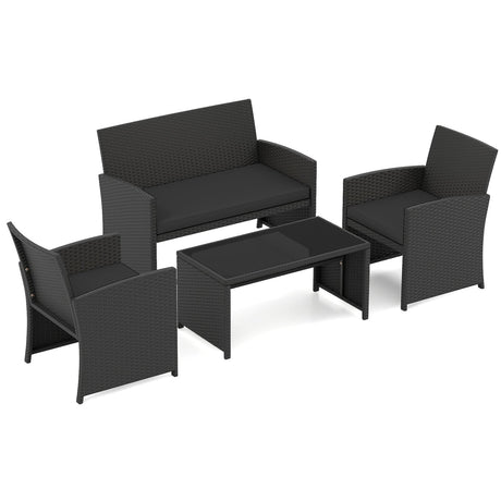 Juego de muebles de patio de 4 piezas con mesa de vidrio templado y cojines extraíbles