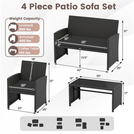 Juego de muebles de patio de 4 piezas con mesa de vidrio templado y cojines extraíbles