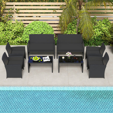 Juego de muebles de patio de 4 piezas con mesa de vidrio templado y cojines extraíbles