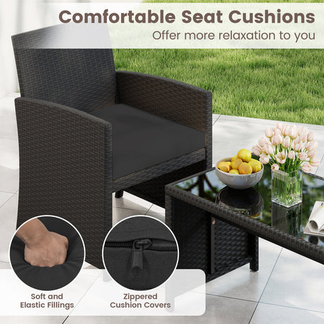 Juego de muebles de patio de 4 piezas con mesa de vidrio templado y cojines extraíbles