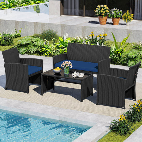 Juego de muebles de patio de 4 piezas con mesa de vidrio templado y cojines extraíbles