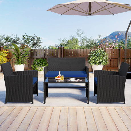 Juego de muebles de patio de 4 piezas con mesa de vidrio templado y cojines extraíbles