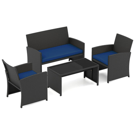 Juego de muebles de patio de 4 piezas con mesa de vidrio templado y cojines extraíbles