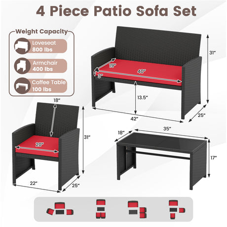 Juego de muebles de patio de 4 piezas con mesa de vidrio templado y cojines extraíbles
