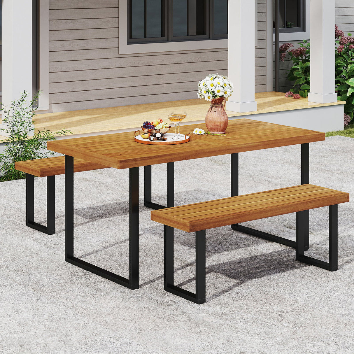 Juego de mesa de comedor para patio de 3 piezas, mesa rectangular de 63" y 2 bancos sin respaldo