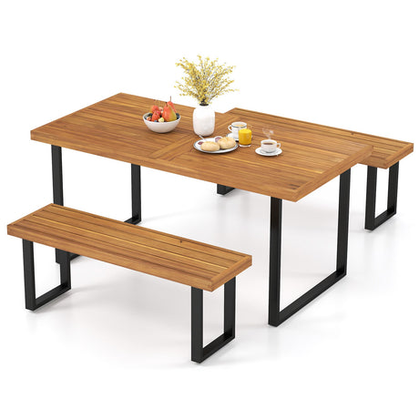 Juego de mesa de comedor para patio de 3 piezas, mesa rectangular de 63" y 2 bancos sin respaldo