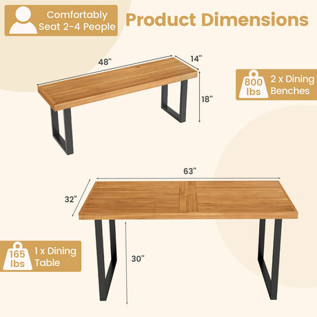 Juego de mesa de comedor para patio de 3 piezas, mesa rectangular de 63" y 2 bancos sin respaldo