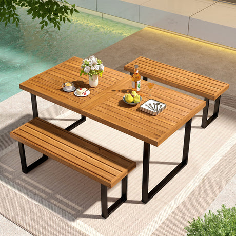 Juego de mesa de comedor para patio de 3 piezas, mesa rectangular de 63" y 2 bancos sin respaldo