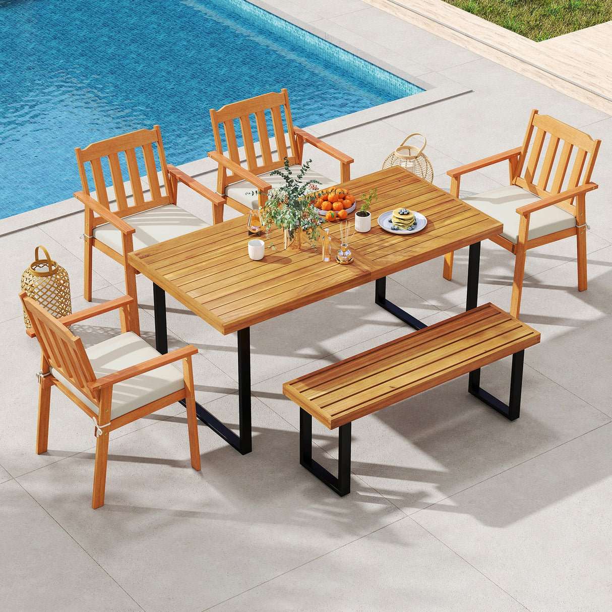 Juego de 6 piezas de mesa de comedor para patio, mesa rectangular de 63 pulgadas con 4 sillones de madera de acacia y banco sin respaldo