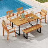 Juego de 6 piezas de mesa de comedor para patio, mesa rectangular de 63 pulgadas con 4 sillones de madera de acacia y banco sin respaldo