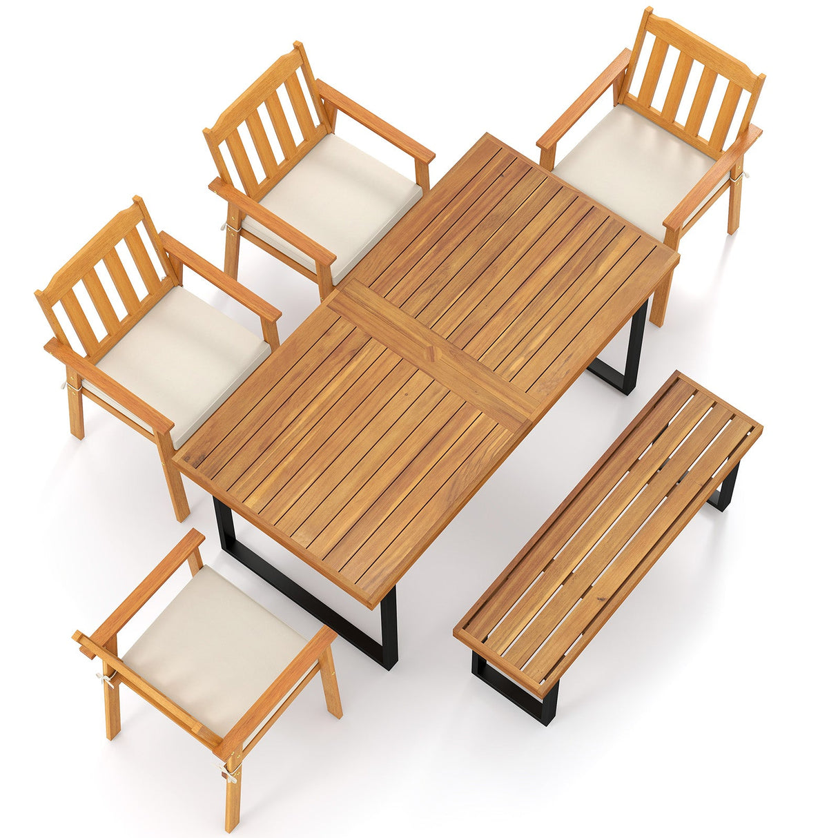 Juego de 6 piezas de mesa de comedor para patio, mesa rectangular de 63 pulgadas con 4 sillones de madera de acacia y banco sin respaldo