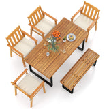 Juego de 6 piezas de mesa de comedor para patio, mesa rectangular de 63 pulgadas con 4 sillones de madera de acacia y banco sin respaldo