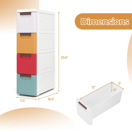 Organizador rodante de 4 cajones, gabinete de almacenamiento estrecho con ruedas integradas para espacios pequeños, colorido