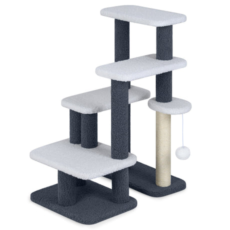 Torre/escalera 2 en 1 para gatos con postes rascadores y pelota de juguete colgante, color gris
