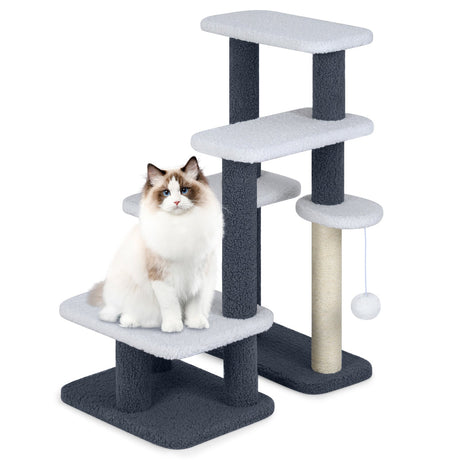 Torre/escalera 2 en 1 para gatos con postes rascadores y pelota de juguete colgante, color gris