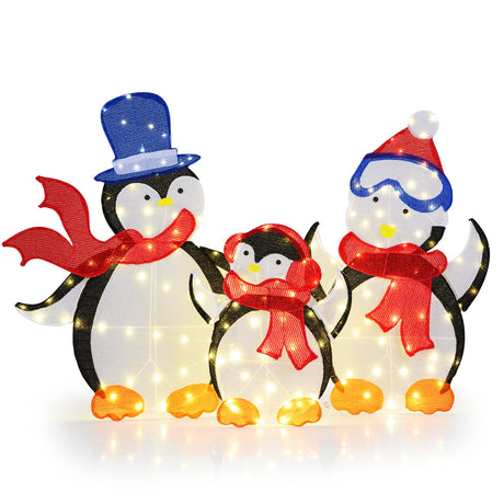 Decoración navideña familiar de pingüinos en 2D de 3 piezas con 160 luces LED