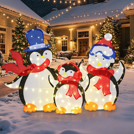 Decoración navideña familiar de pingüinos en 2D de 3 piezas con 160 luces LED