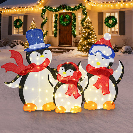 Decoración navideña familiar de pingüinos en 2D de 3 piezas con 160 luces LED