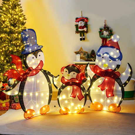 Decoración navideña familiar de pingüinos en 2D de 3 piezas con 160 luces LED