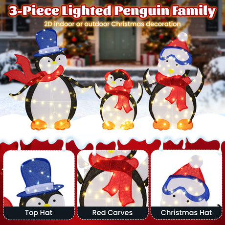 Decoración navideña familiar de pingüinos en 2D de 3 piezas con 160 luces LED