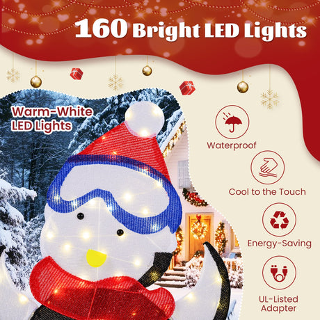 Decoración navideña familiar de pingüinos en 2D de 3 piezas con 160 luces LED