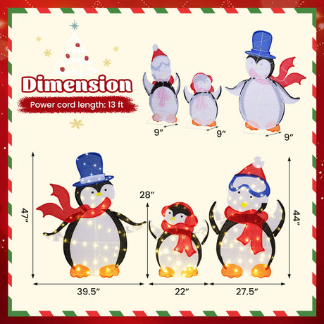 Decoración navideña familiar de pingüinos en 2D de 3 piezas con 160 luces LED