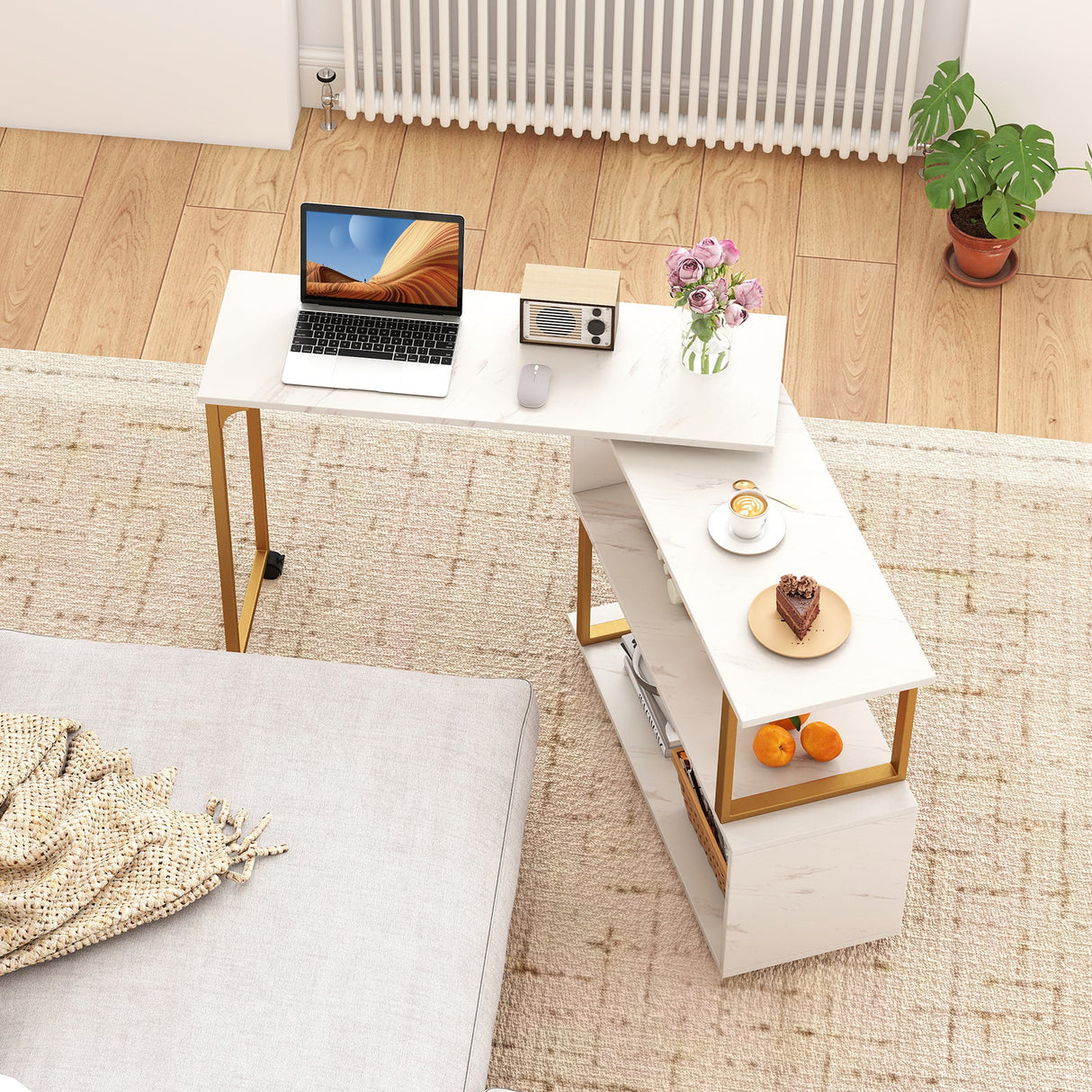 Mesa Auxiliar de Sofá Giratoria 360° con Librería y Ganchos para Sala de Estar-Blanco