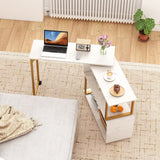 Mesa Auxiliar de Sofá Giratoria 360° con Librería y Ganchos para Sala de Estar-Blanco
