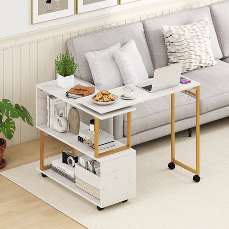Mesa Auxiliar de Sofá Giratoria 360° con Librería y Ganchos para Sala de Estar-Blanco