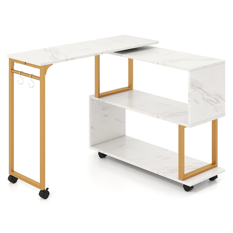 Mesa Auxiliar de Sofá Giratoria 360° con Librería y Ganchos para Sala de Estar-Blanco