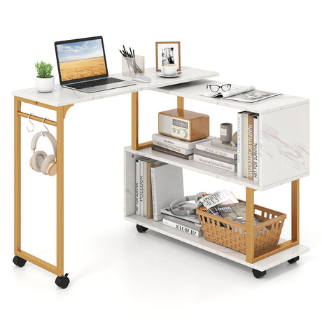 Mesa Auxiliar de Sofá Giratoria 360° con Librería y Ganchos para Sala de Estar-Blanco