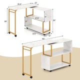 Mesa Auxiliar de Sofá Giratoria 360° con Librería y Ganchos para Sala de Estar-Blanco