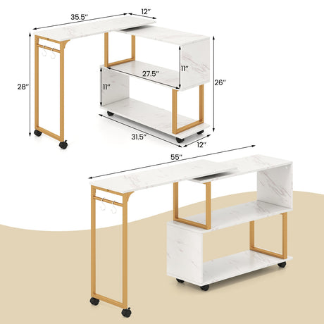 Mesa Auxiliar de Sofá Giratoria 360° con Librería y Ganchos para Sala de Estar-Blanco