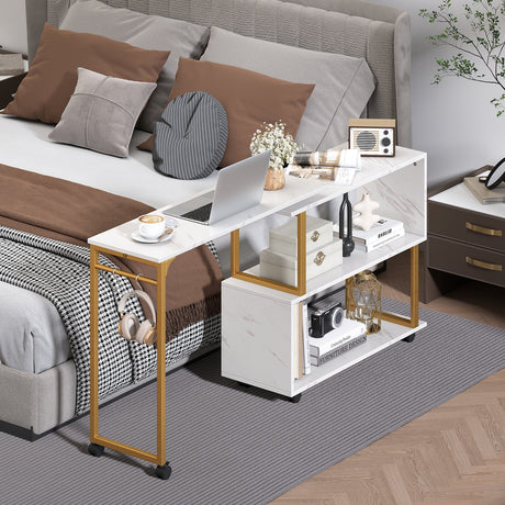 Mesa Auxiliar de Sofá Giratoria 360° con Librería y Ganchos para Sala de Estar-Blanco